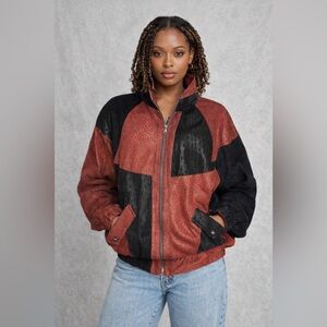 Towne by London Fog Vintage Paisley Print Patchwork Leather Bomber Jacket S Reg